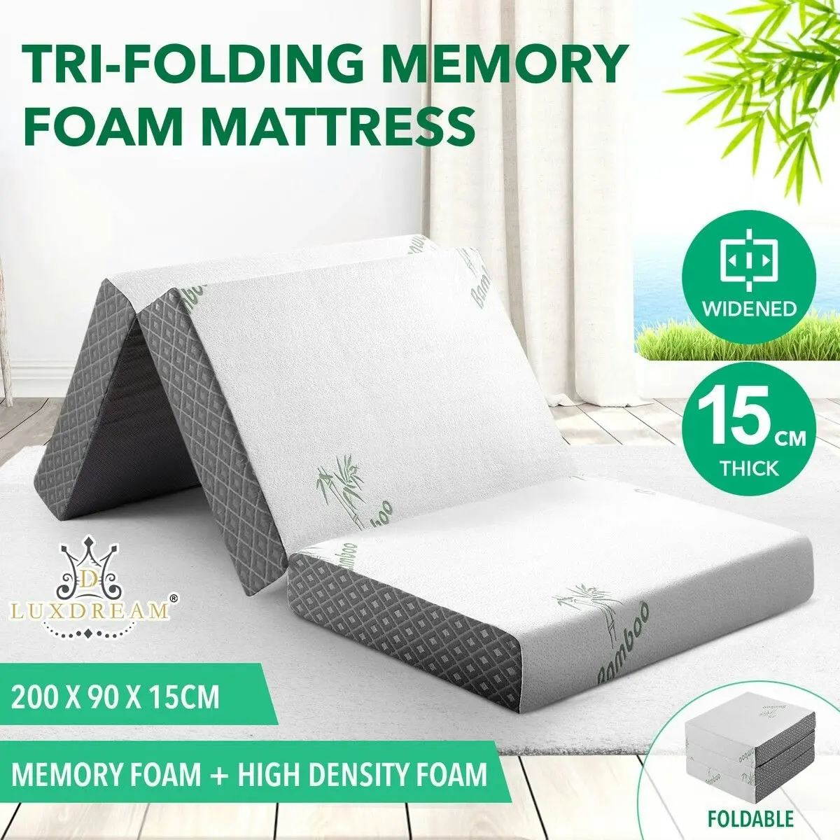 Luxdream Folding Mattress Foam Trifold Sofa Bed Floor Portable Sleeping Mat Camp Guest Cushion Extra Thick Washable Bamboo Cover