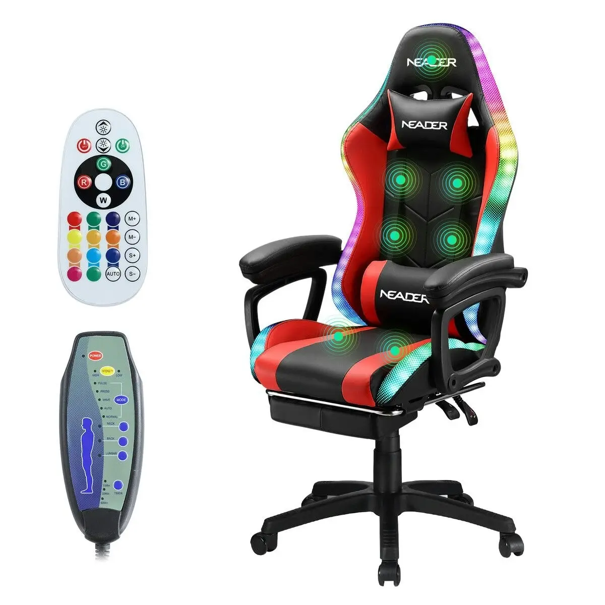 Neader RGB LED Gaming Chair Home Office Massage Computer Racing Desk Executive Armchair High Back Headrest Footrest Lumbar Pillow Seat PU Red