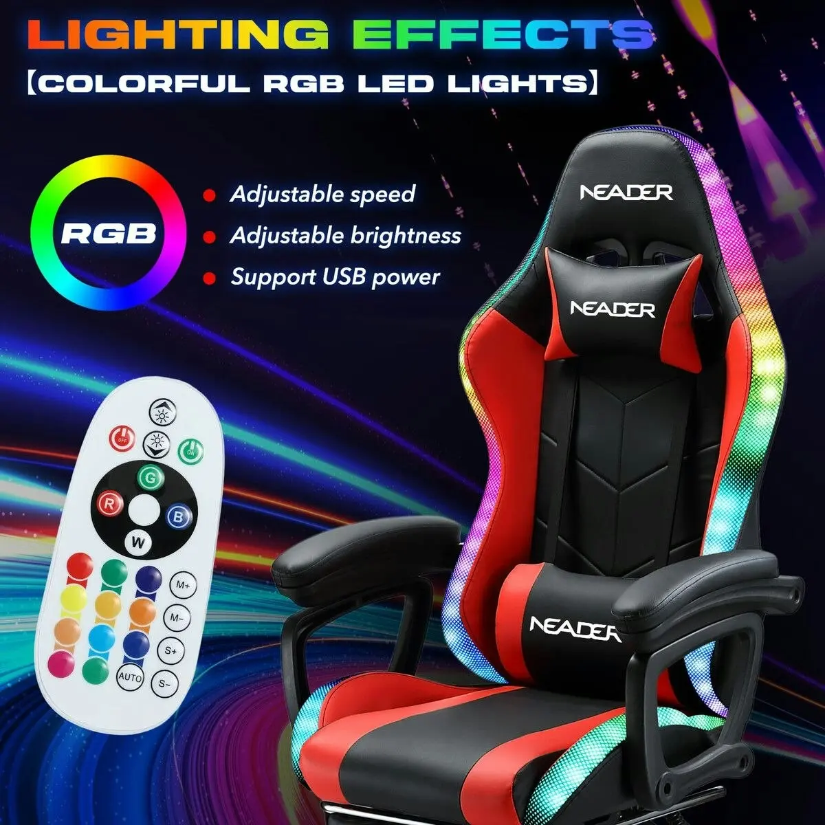 Neader RGB LED Gaming Chair Home Office Massage Computer Racing Desk Executive Armchair High Back Headrest Footrest Lumbar Pillow Seat PU Red