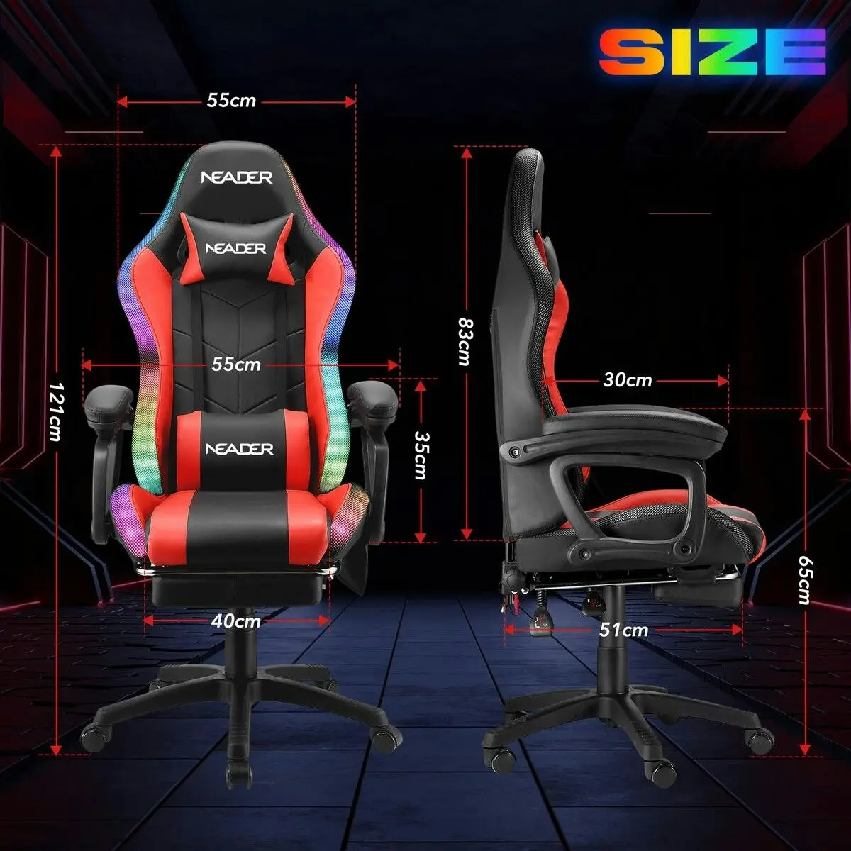 Neader RGB LED Gaming Chair Home Office Massage Computer Racing Desk Executive Armchair High Back Headrest Footrest Lumbar Pillow Seat PU Red