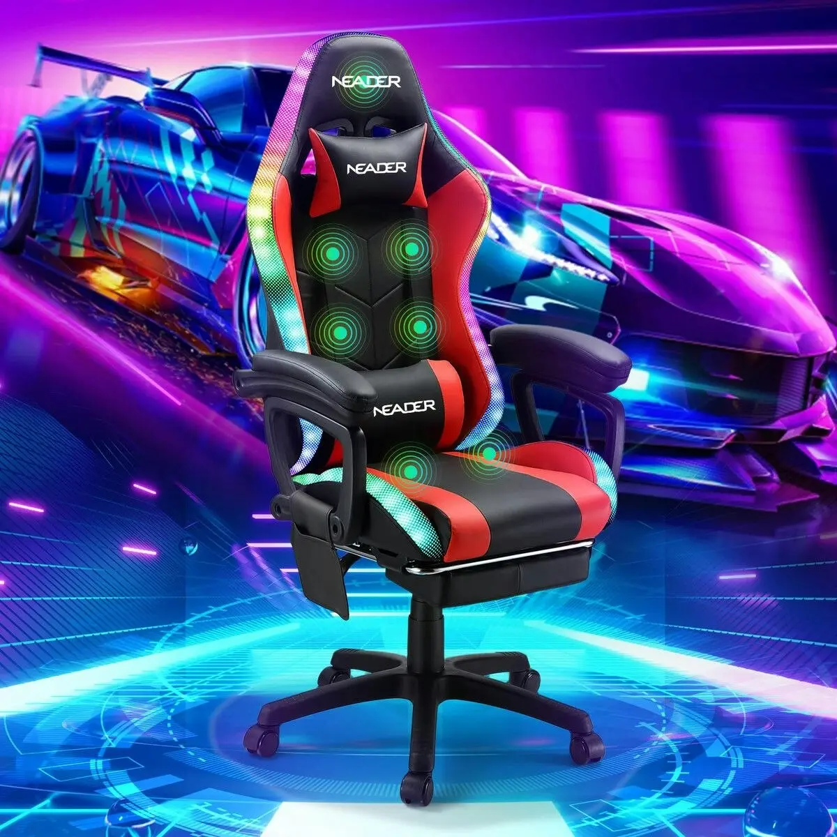 Neader RGB LED Gaming Chair Home Office Massage Computer Racing Desk Executive Armchair High Back Headrest Footrest Lumbar Pillow Seat PU Red