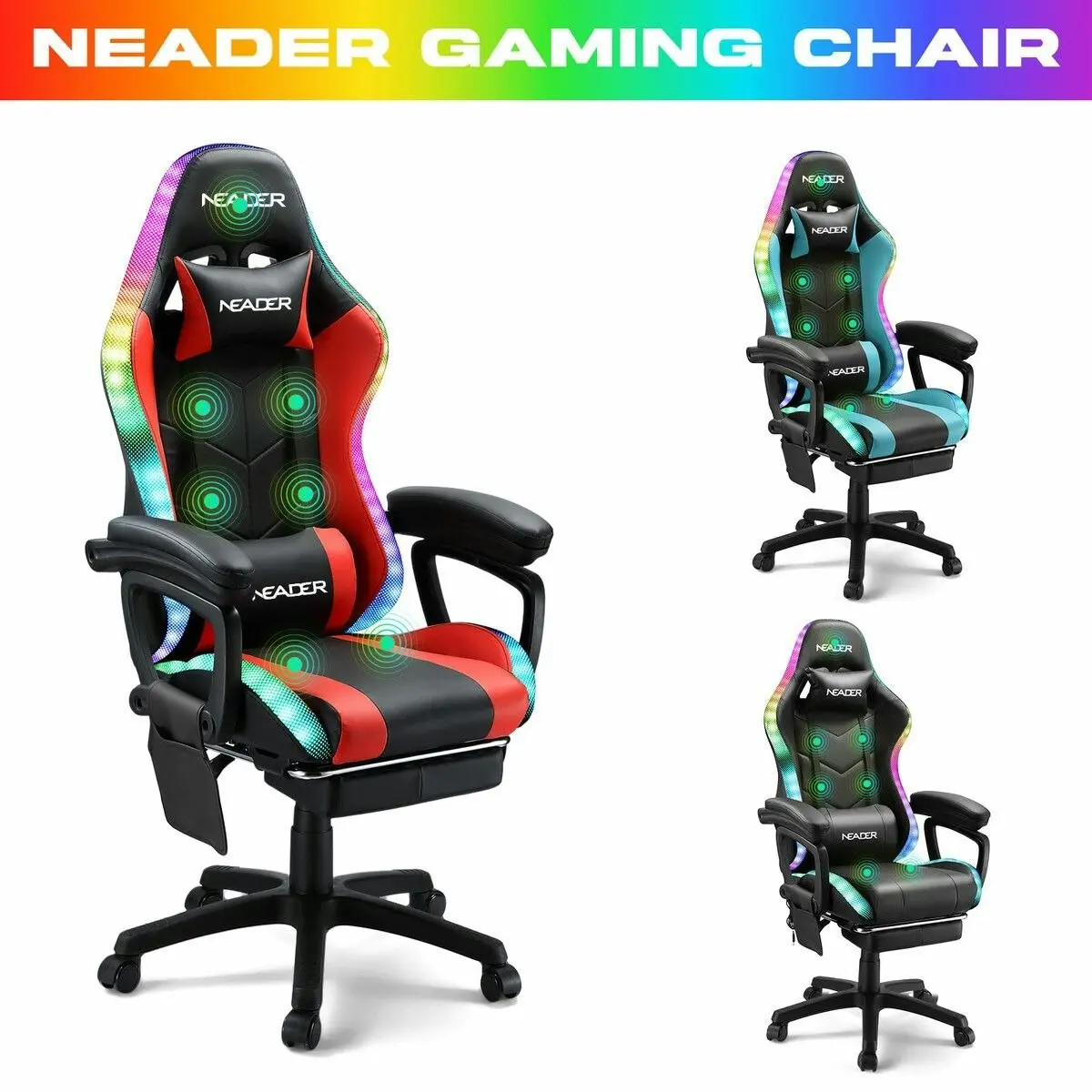 Neader RGB LED Gaming Chair Home Office Massage Computer Racing Desk Executive Armchair High Back Headrest Footrest Lumbar Pillow Seat PU Red