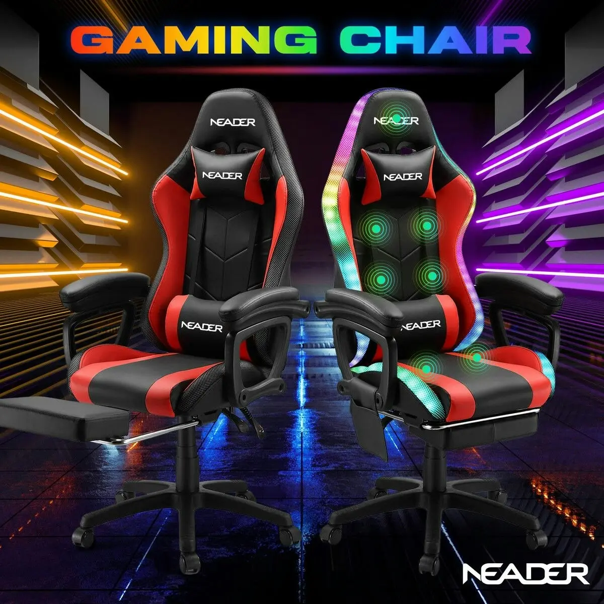 Neader RGB LED Gaming Chair Home Office Massage Computer Racing Desk Executive Armchair High Back Headrest Footrest Lumbar Pillow Seat PU Red