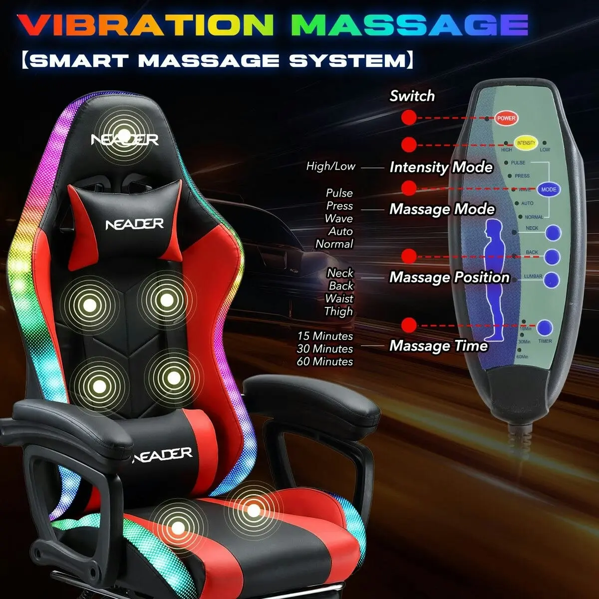 Neader RGB LED Gaming Chair Home Office Massage Computer Racing Desk Executive Armchair High Back Headrest Footrest Lumbar Pillow Seat PU Red