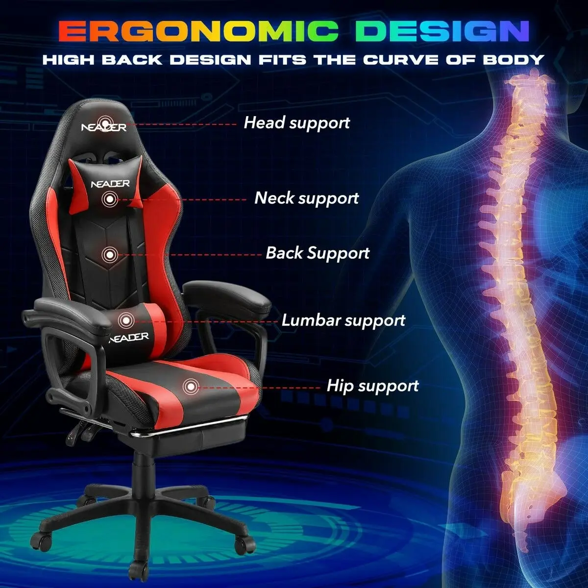 Neader RGB LED Gaming Chair Home Office Massage Computer Racing Desk Executive Armchair High Back Headrest Footrest Lumbar Pillow Seat PU Red