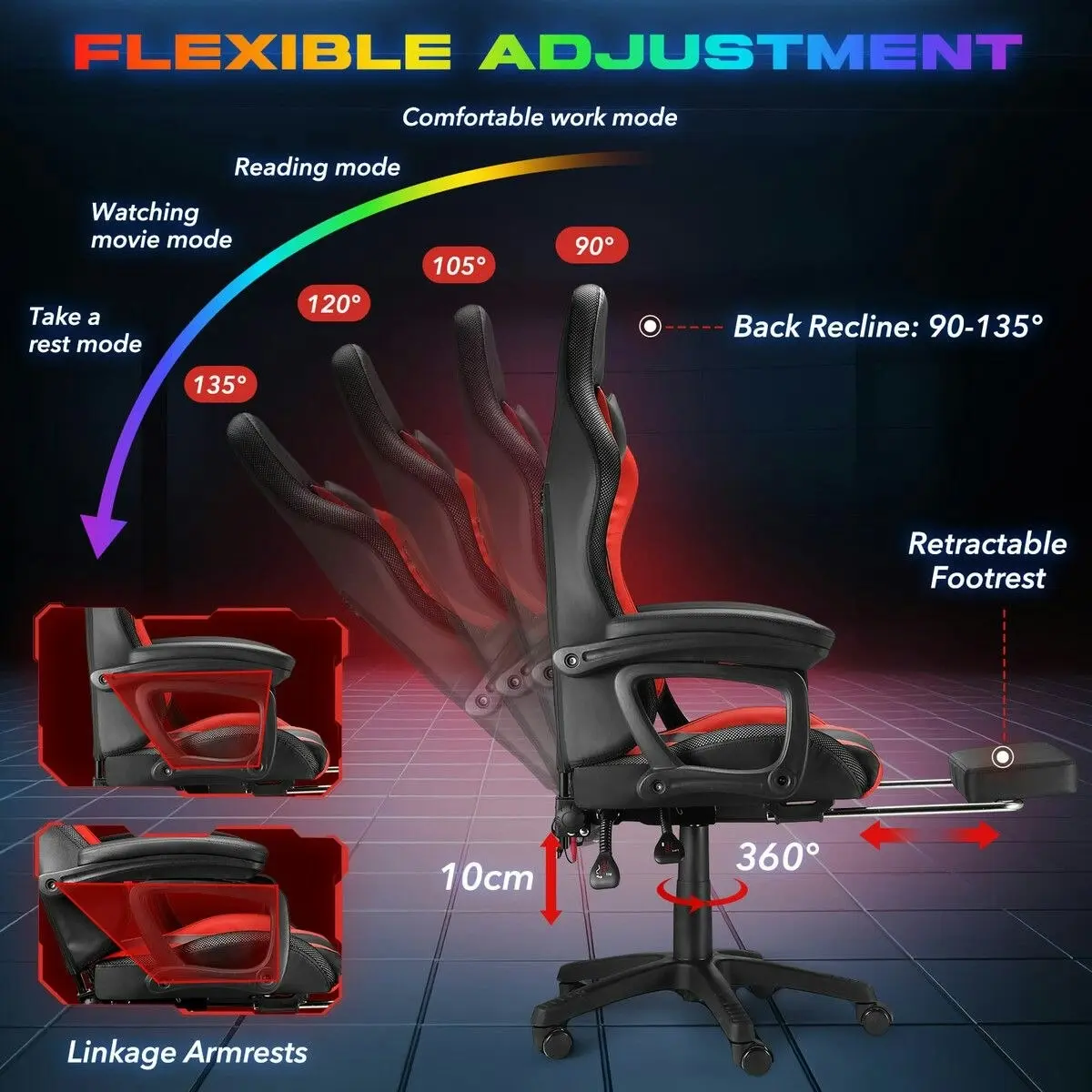 Neader RGB LED Gaming Chair Home Office Massage Computer Racing Desk Executive Armchair High Back Headrest Footrest Lumbar Pillow Seat PU Red