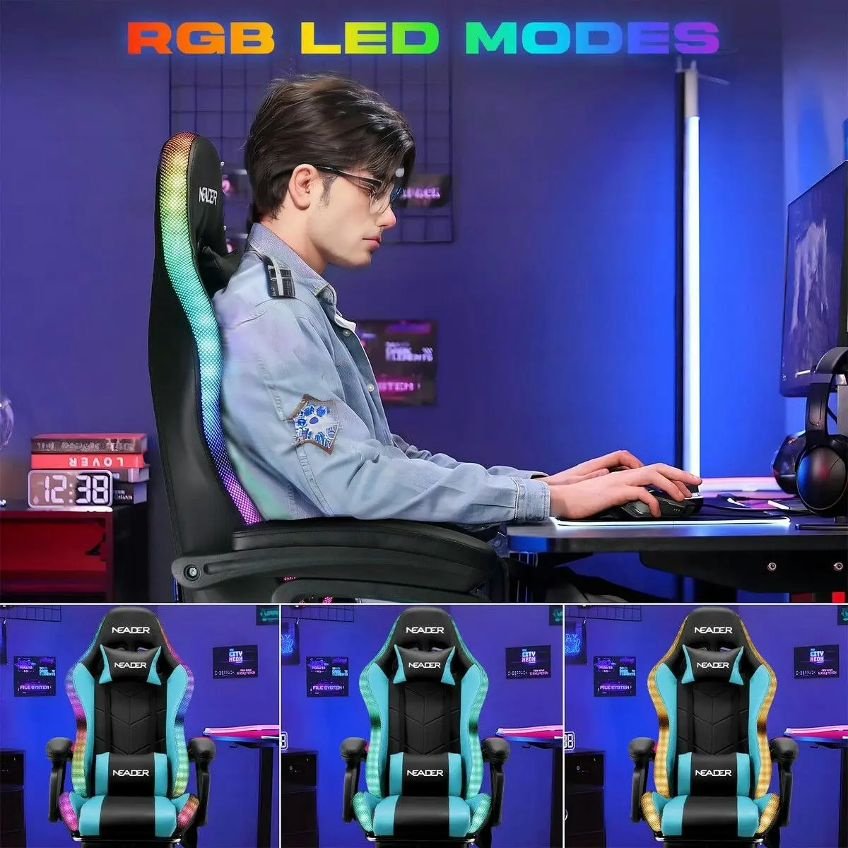 Neader Massage Gaming Chair RGB LED Home Office Computer Racing Desk Executive Armchair High Back Headrest Footrest Lumbar Pillow Seat PU Blue