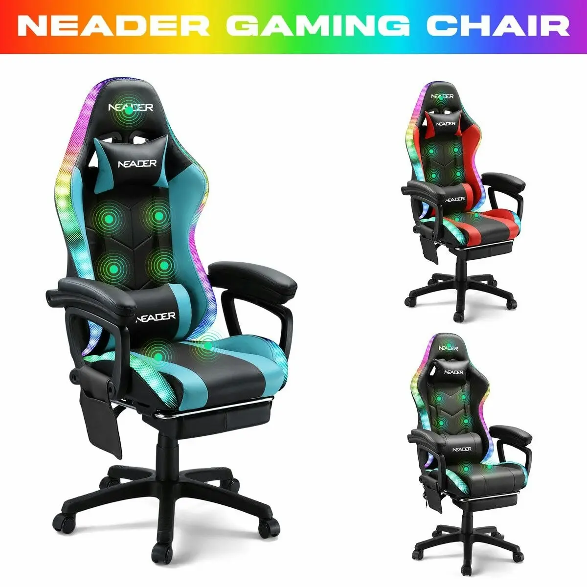 Neader Massage Gaming Chair RGB LED Home Office Computer Racing Desk Executive Armchair High Back Headrest Footrest Lumbar Pillow Seat PU Blue