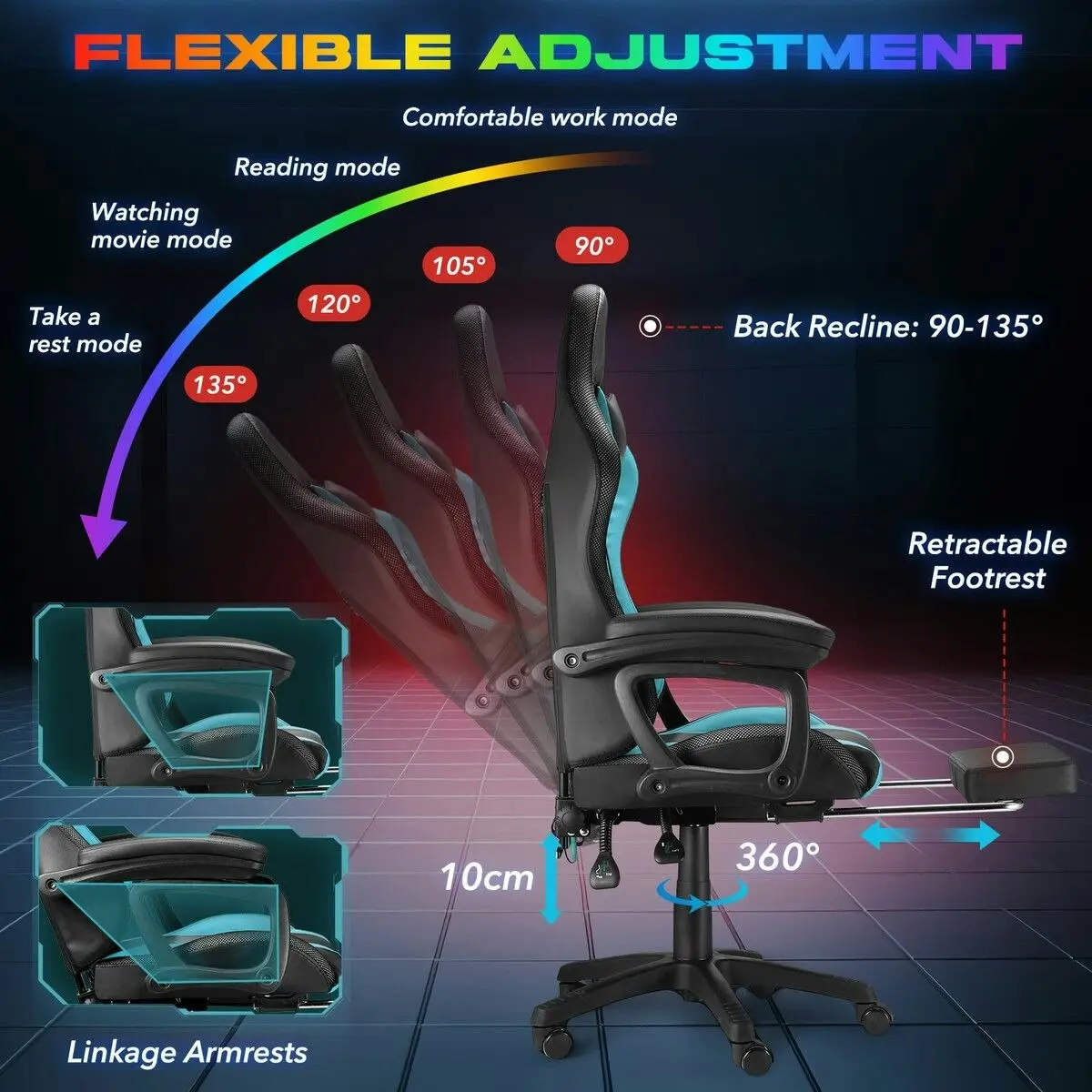 Neader Massage Gaming Chair RGB LED Home Office Computer Racing Desk Executive Armchair High Back Headrest Footrest Lumbar Pillow Seat PU Blue