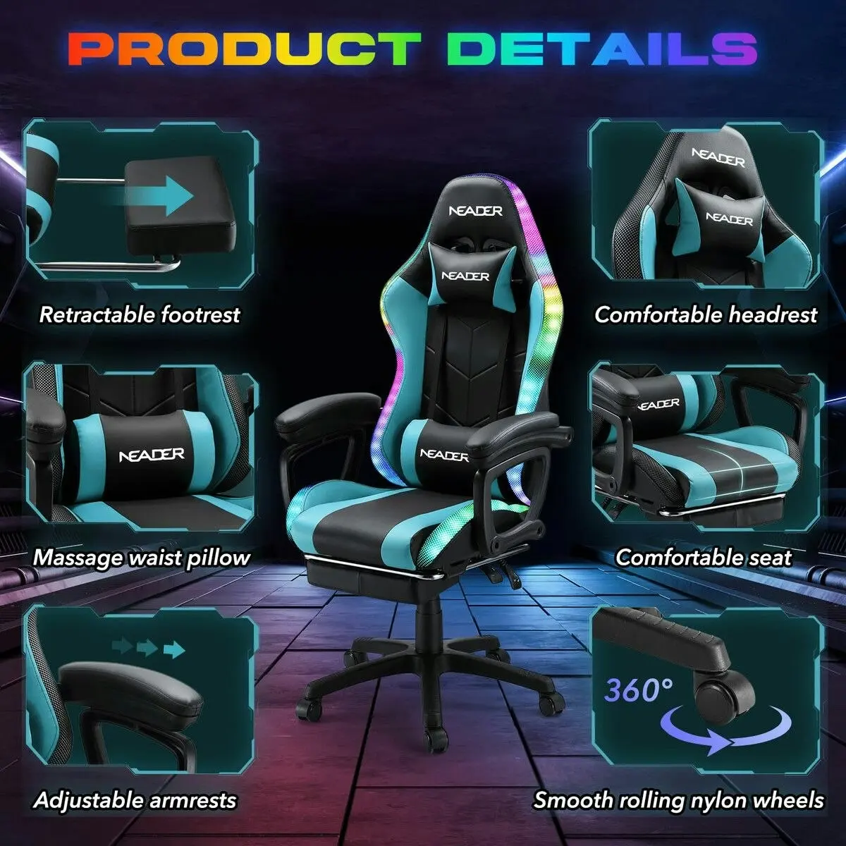 Neader Massage Gaming Chair RGB LED Home Office Computer Racing Desk Executive Armchair High Back Headrest Footrest Lumbar Pillow Seat PU Blue