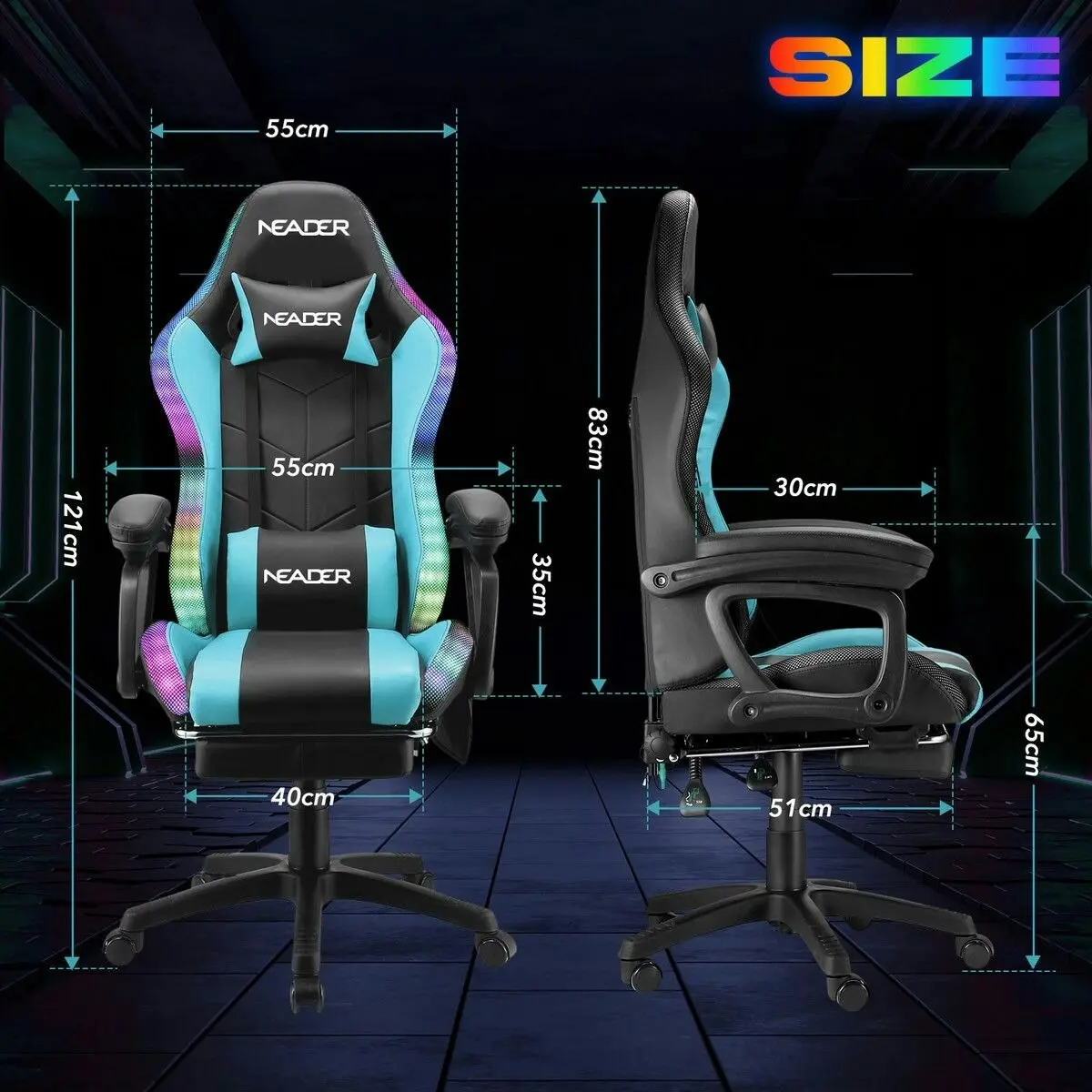 Neader Massage Gaming Chair RGB LED Home Office Computer Racing Desk Executive Armchair High Back Headrest Footrest Lumbar Pillow Seat PU Blue