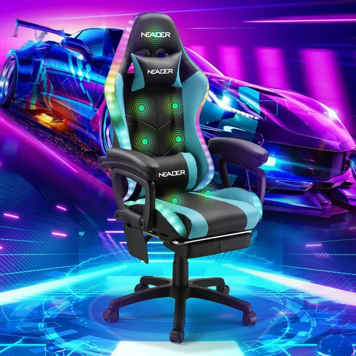 Neader Massage Gaming Chair RGB LED Home Office Computer Racing Desk Executive Armchair High Back Headrest Footrest Lumbar Pillow Seat PU Blue