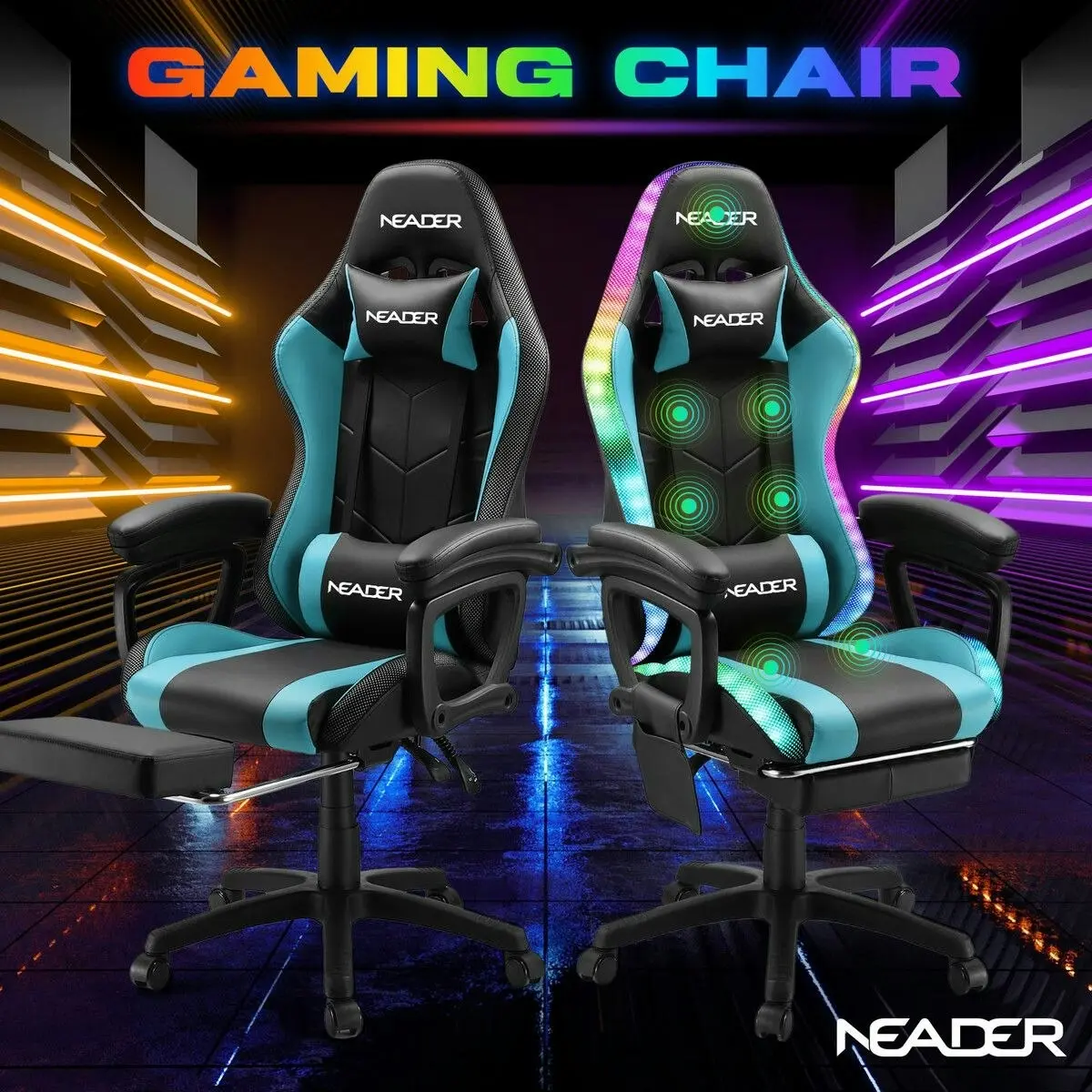 Neader Massage Gaming Chair RGB LED Home Office Computer Racing Desk Executive Armchair High Back Headrest Footrest Lumbar Pillow Seat PU Blue