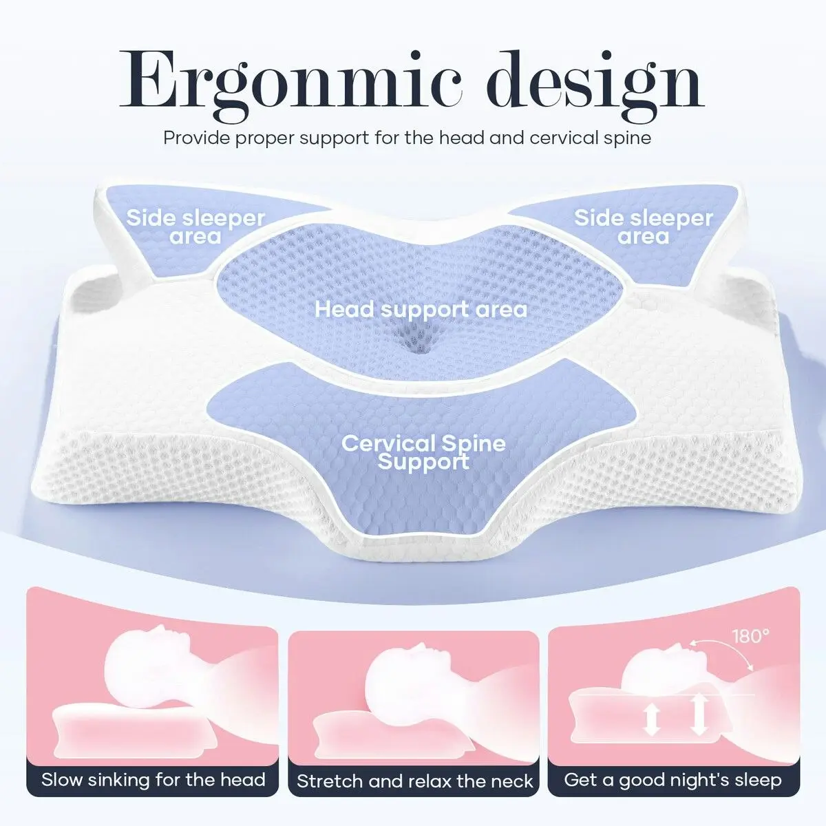 Luxdream  Cervical Pillow Memory Foam Contour Neck Shoulder Ergonomic Back Stomach Side Sleeper Dark Grey