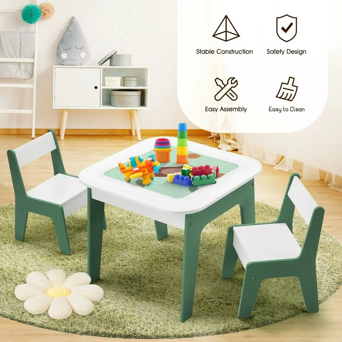 Kidbot 4 IN 1 Kids Table and Chairs Set Childrens Picnic Play Activity Centre Furniture Outdoor Indoor Study Craft Drawing Storage Desk with 2 Tabletops