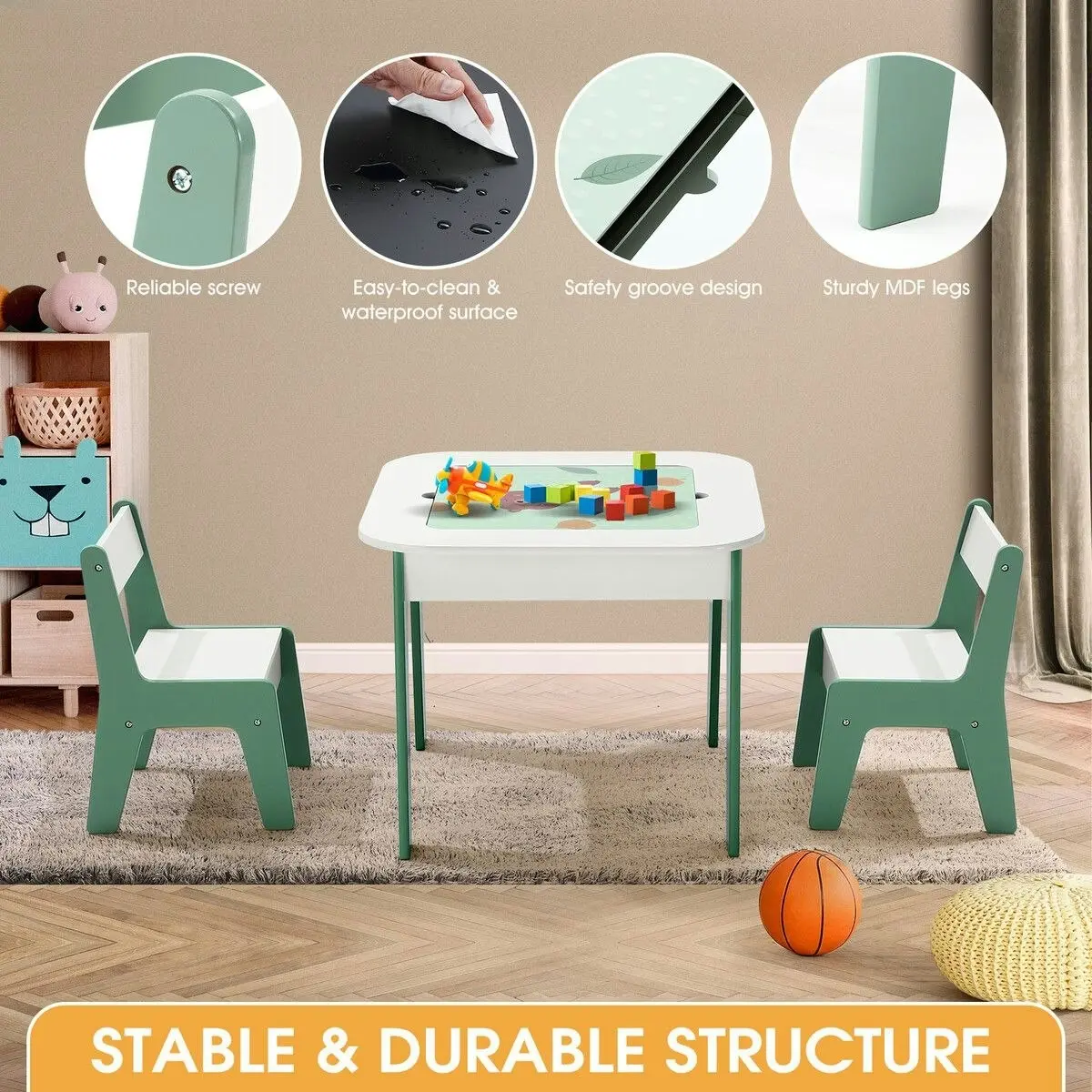 Kidbot 4 IN 1 Kids Table and Chairs Set Childrens Picnic Play Activity Centre Furniture Outdoor Indoor Study Craft Drawing Storage Desk with 2 Tabletops