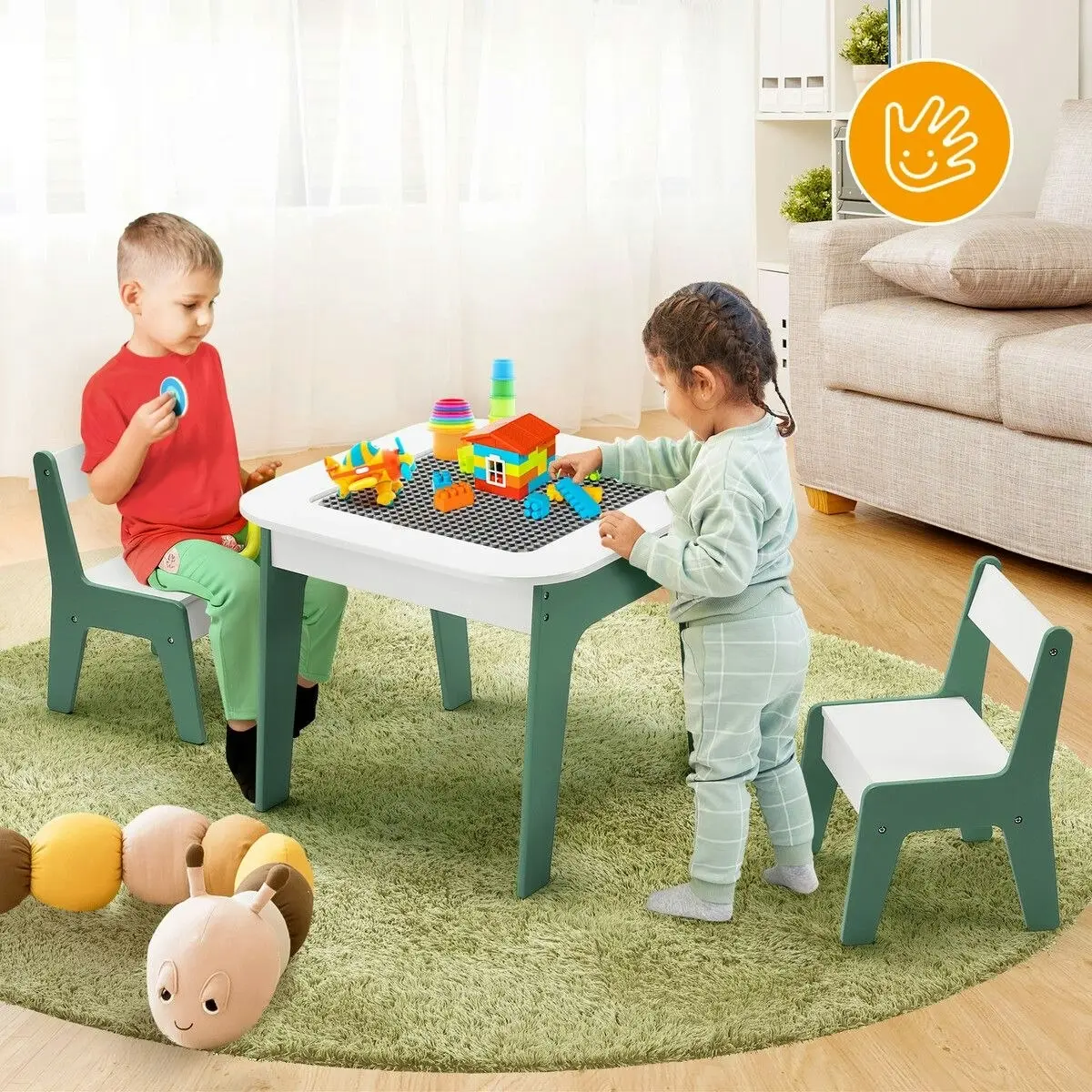 Kidbot 4 IN 1 Kids Table and Chairs Set Childrens Picnic Play Activity Centre Furniture Outdoor Indoor Study Craft Drawing Storage Desk with 2 Tabletops