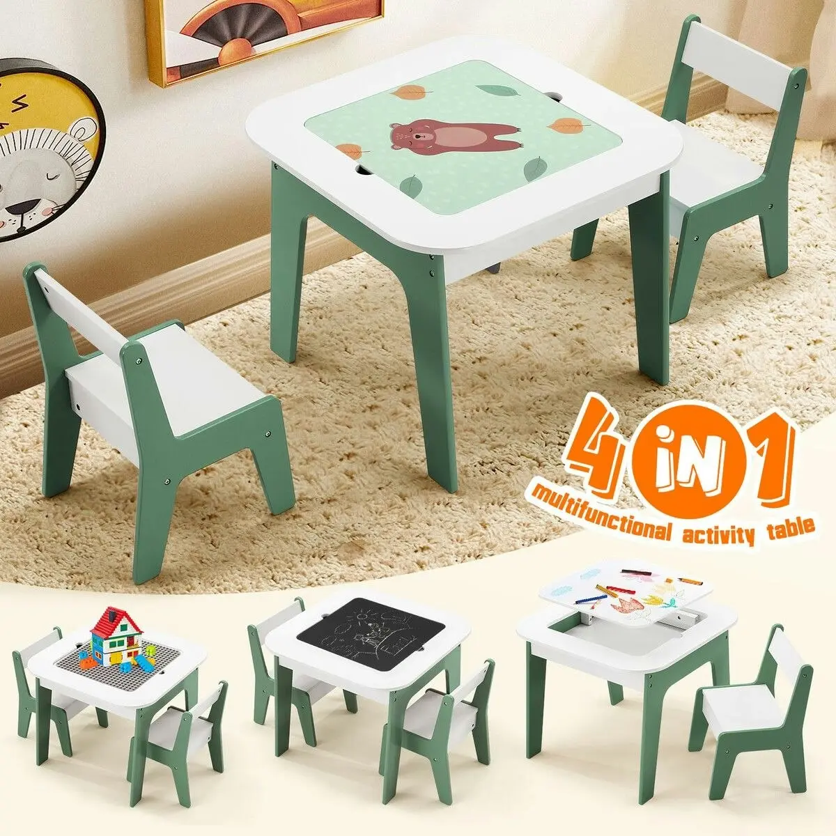 Kidbot 4 IN 1 Kids Table and Chairs Set Childrens Picnic Play Activity Centre Furniture Outdoor Indoor Study Craft Drawing Storage Desk with 2 Tabletops