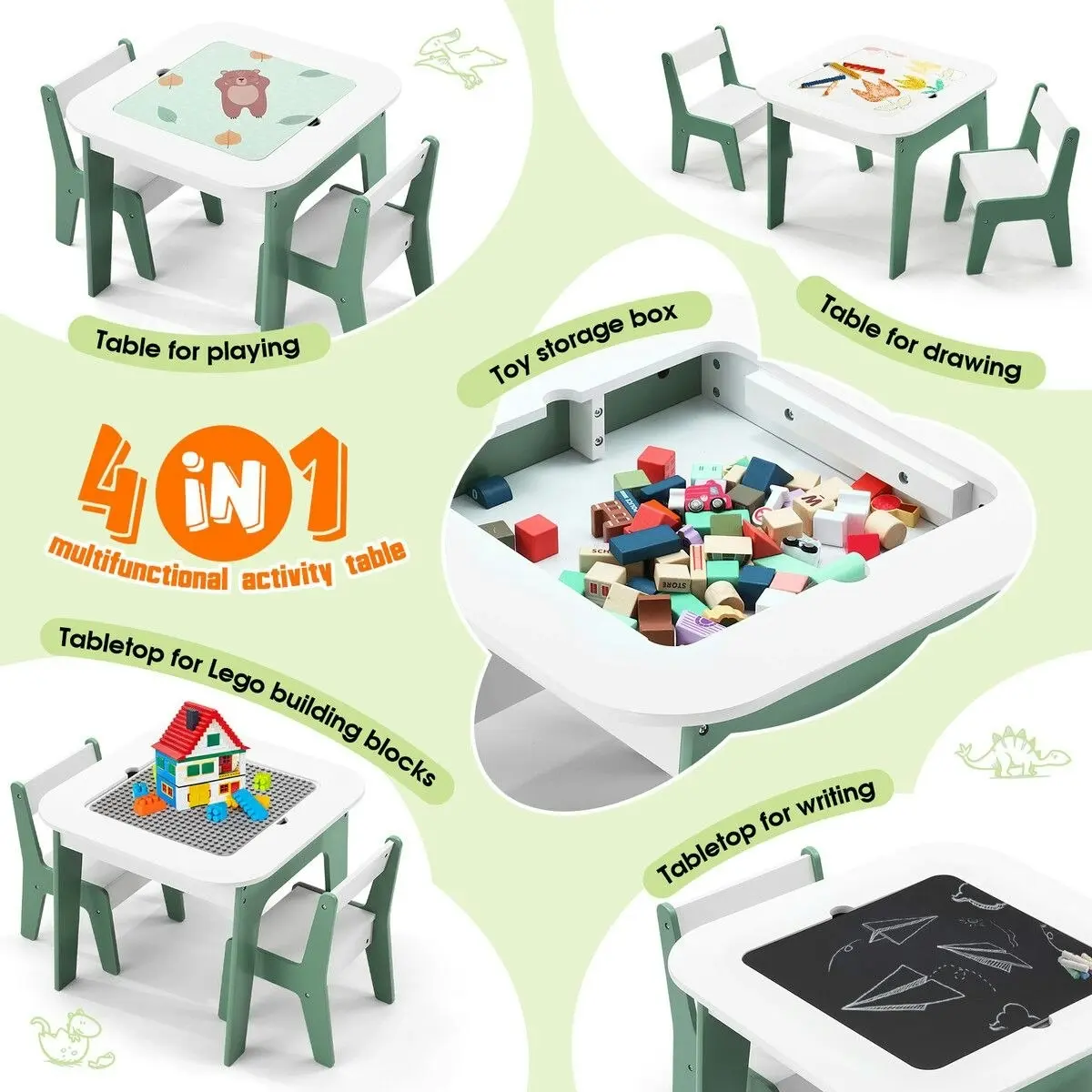 Kidbot 4 IN 1 Kids Table and Chairs Set Childrens Picnic Play Activity Centre Furniture Outdoor Indoor Study Craft Drawing Storage Desk with 2 Tabletops