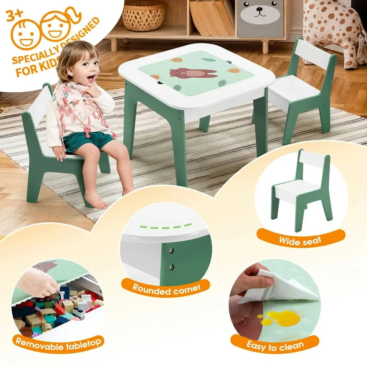 Kidbot 4 IN 1 Kids Table and Chairs Set Childrens Picnic Play Activity Centre Furniture Outdoor Indoor Study Craft Drawing Storage Desk with 2 Tabletops