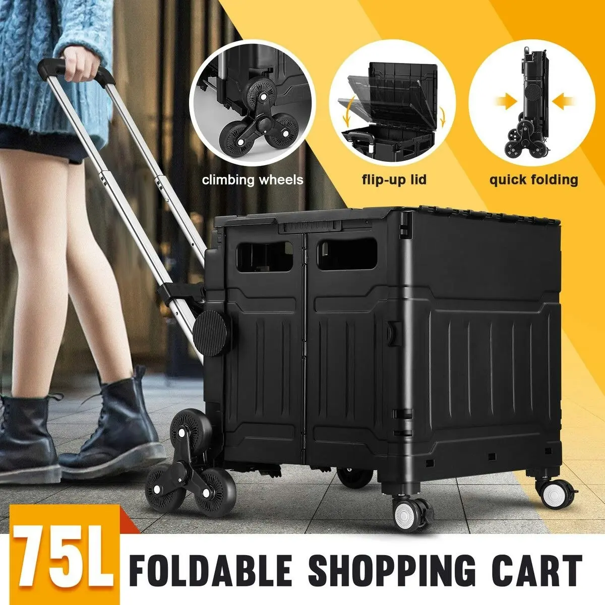 LUXSUITE 75L Shopping Trolley Cart Wheeled Grocery Utility Basket Bag Stair Climbing Rolling Folding Supermarket Granny Travel Wagon