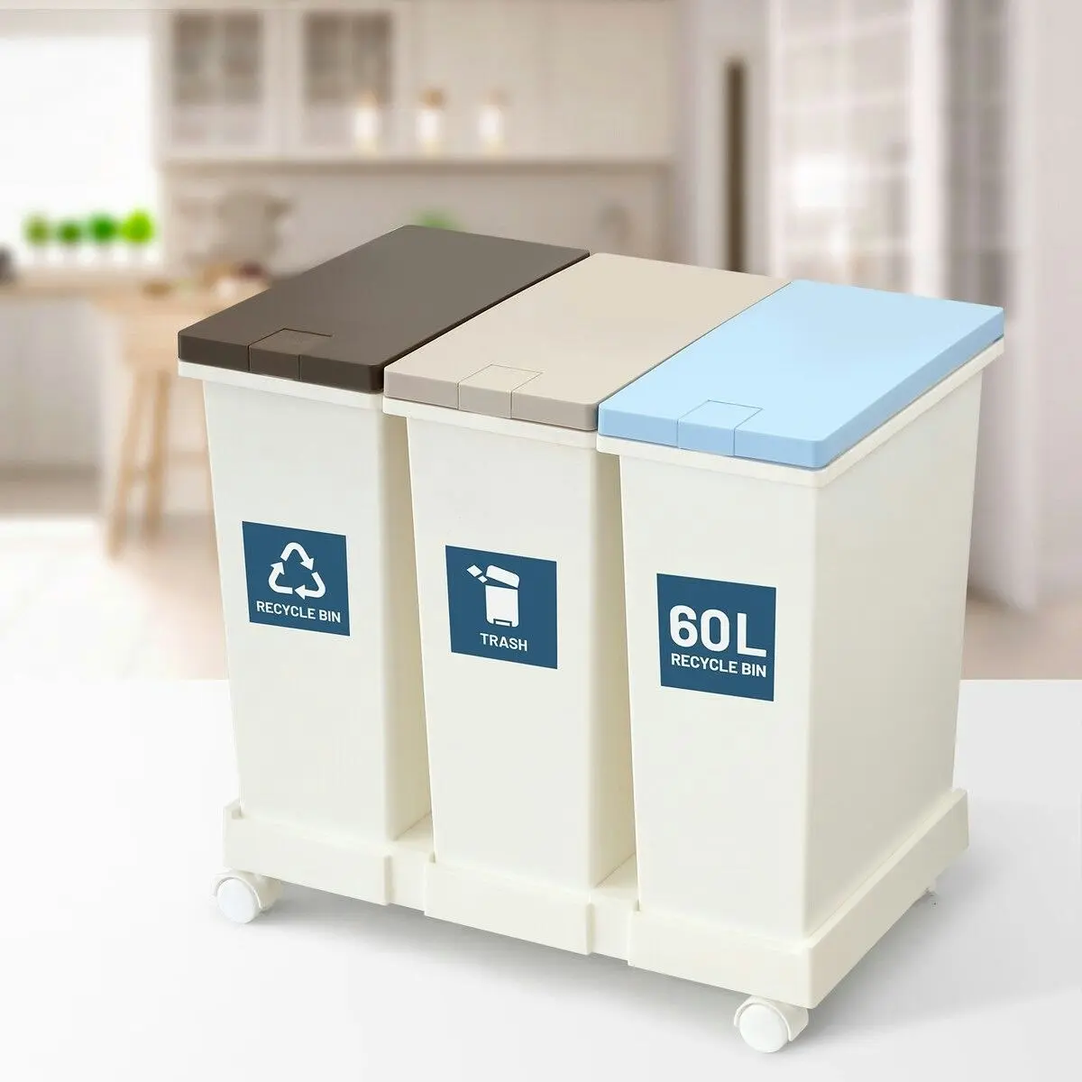 LUXSUITE 60L Rubbish Trash Bin 3 Compartment Kitchen Compost Dustbin Trash Garbage Waste Recycling Can White Large Plastic