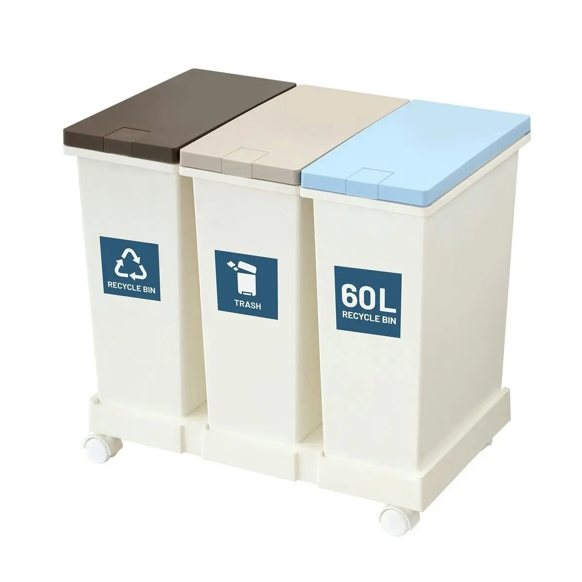 LUXSUITE 60L Rubbish Trash Bin 3 Compartment Kitchen Compost Dustbin Trash Garbage Waste Recycling Can White Large Plastic