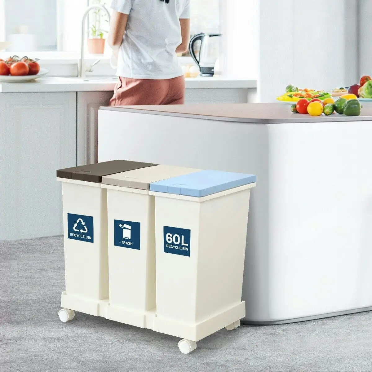 LUXSUITE 60L Rubbish Trash Bin 3 Compartment Kitchen Compost Dustbin Trash Garbage Waste Recycling Can White Large Plastic