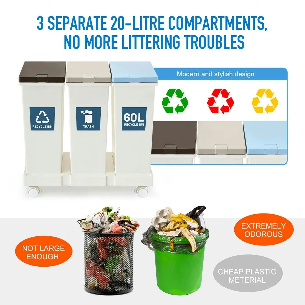 LUXSUITE 60L Rubbish Trash Bin 3 Compartment Kitchen Compost Dustbin Trash Garbage Waste Recycling Can White Large Plastic