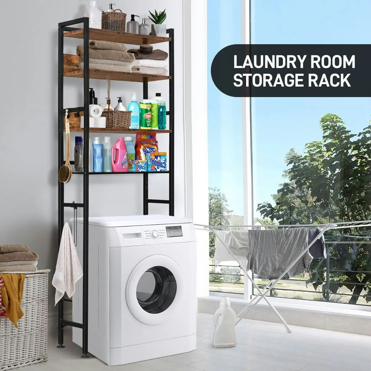 LUXSUITE 4 Tier Bathroom Shelf Rack Over Toilet Washing Machine Laundry Towel Organiser Shelves Space Saver Freestanding Unit Storage