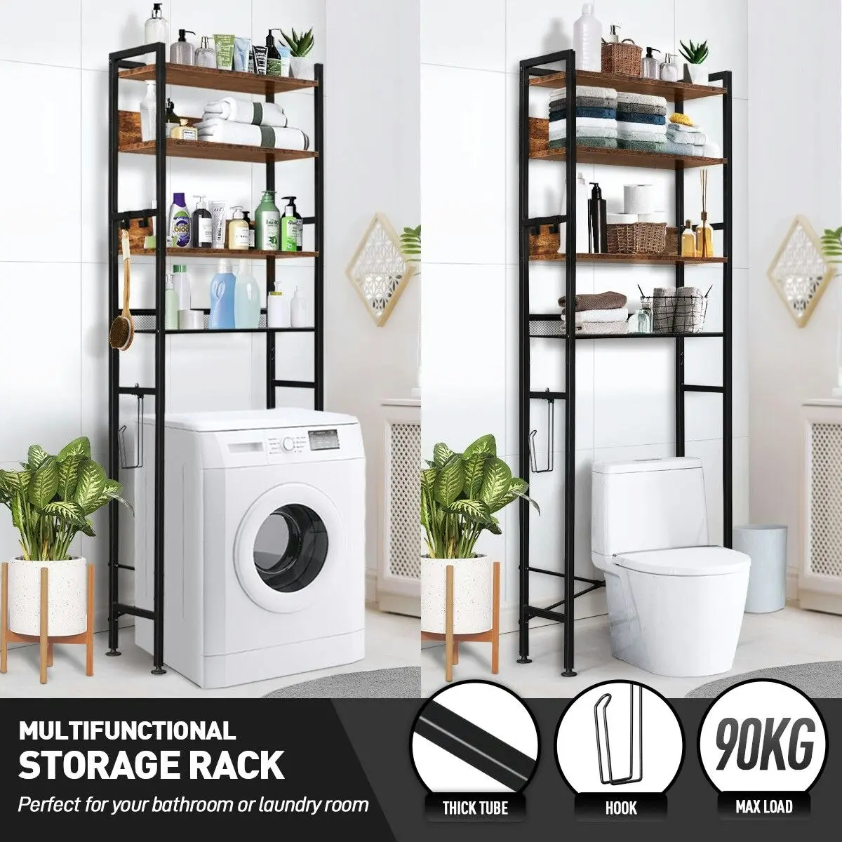 LUXSUITE 4 Tier Bathroom Shelf Rack Over Toilet Washing Machine Laundry Towel Organiser Shelves Space Saver Freestanding Unit Storage