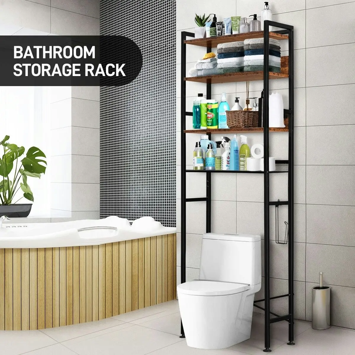 LUXSUITE 4 Tier Bathroom Shelf Rack Over Toilet Washing Machine Laundry Towel Organiser Shelves Space Saver Freestanding Unit Storage