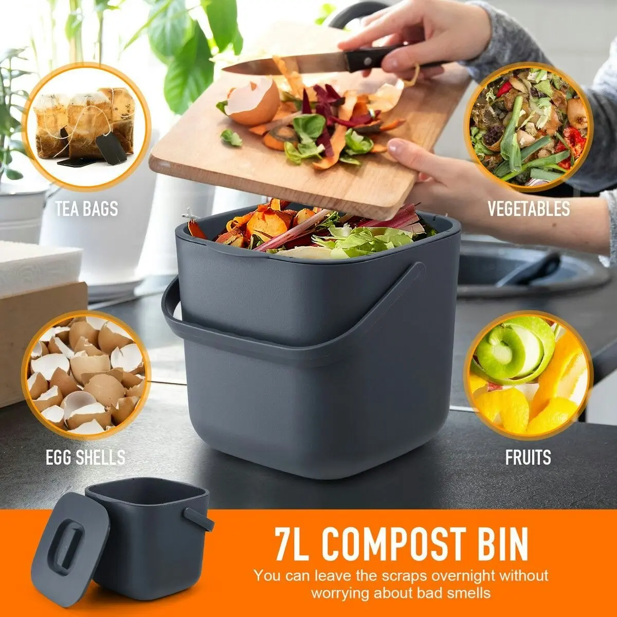 LUXSUITE 7L Rubbish Waste Bin Kitchen Trash Compost Dustbin Garbage Can Food Recycling Caddy Countertop Table Organic Separation