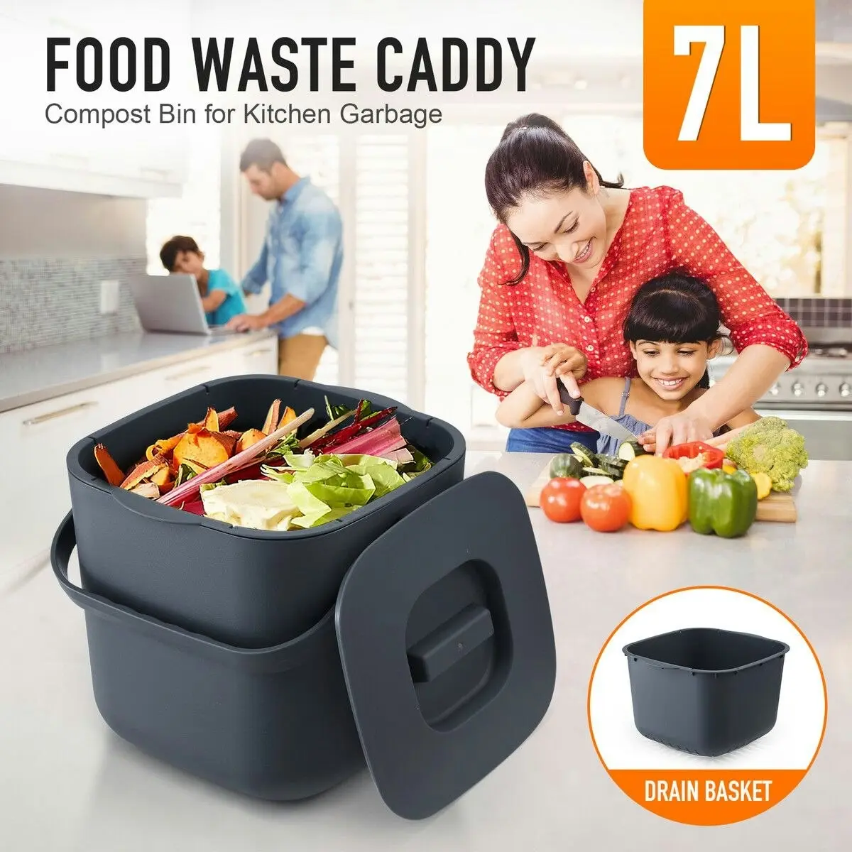 LUXSUITE 7L Rubbish Waste Bin Kitchen Trash Compost Dustbin Garbage Can Food Recycling Caddy Countertop Table Organic Separation