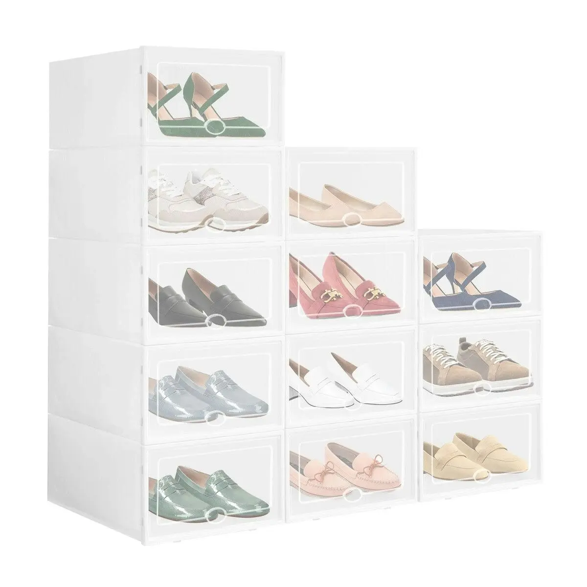 LUXSUITE 12PCS Plastic Shoe Boxes Stackable Organiser Large Storage Containers Drawers Sneaker Display Cases Bins Organizer Holder Unit with Clear Door