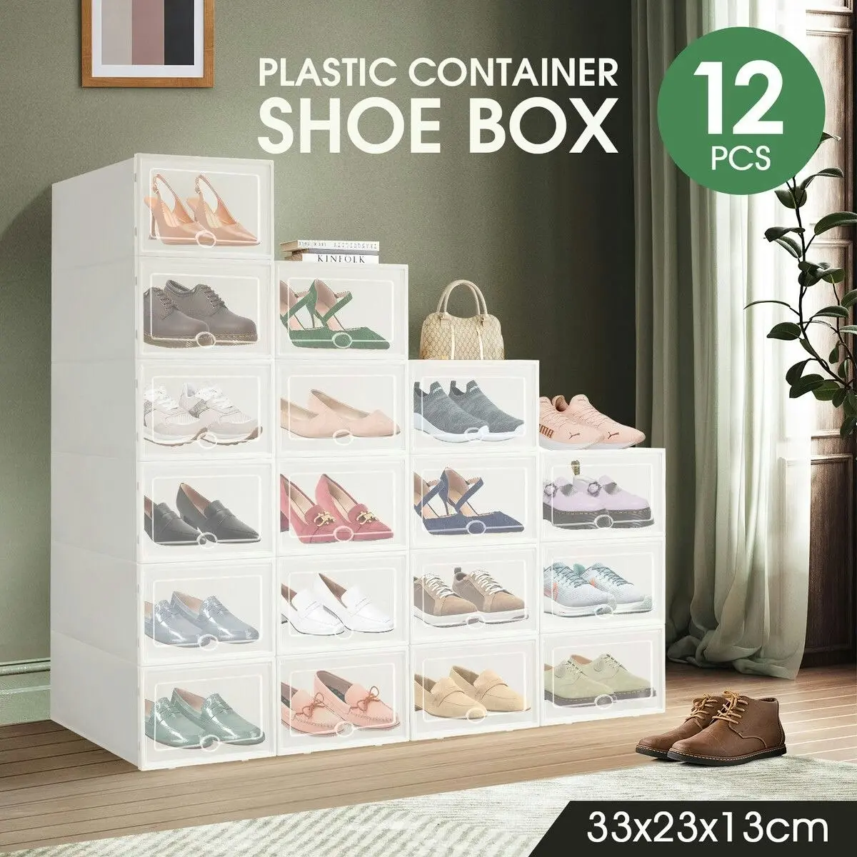 LUXSUITE 12PCS Plastic Shoe Boxes Stackable Organiser Large Storage Containers Drawers Sneaker Display Cases Bins Organizer Holder Unit with Clear Door