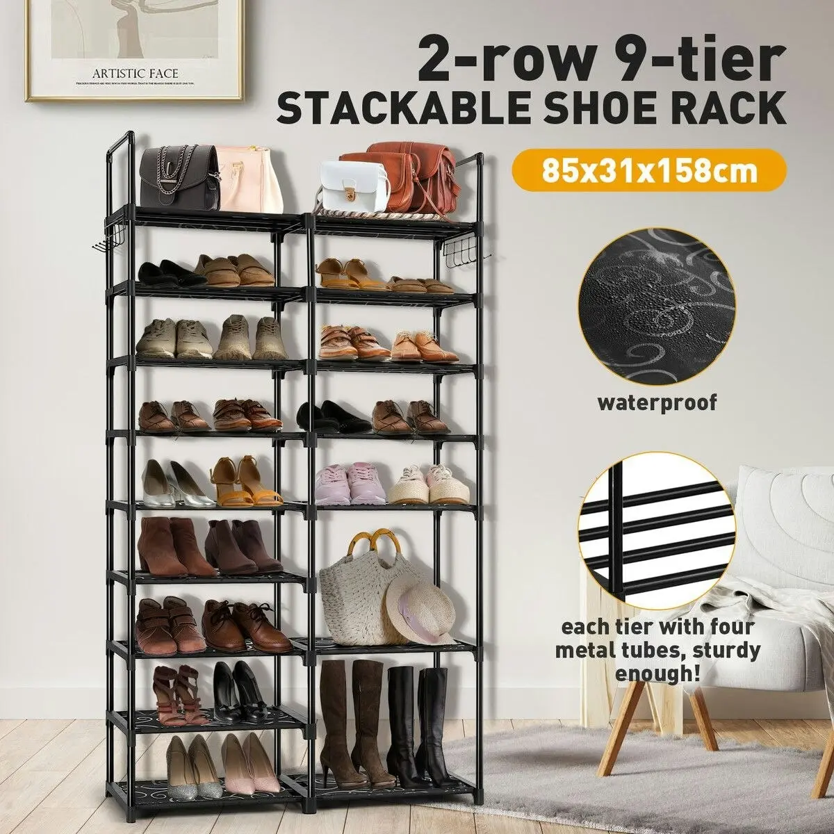 LUXSUITE 9 Tiers Metal Shoe Rack Storage Organiser Shelving 40 Pairs Shoes Cabinet Display Shelves DIY Corner Stand Closet Entryway Hallway Cloakroom