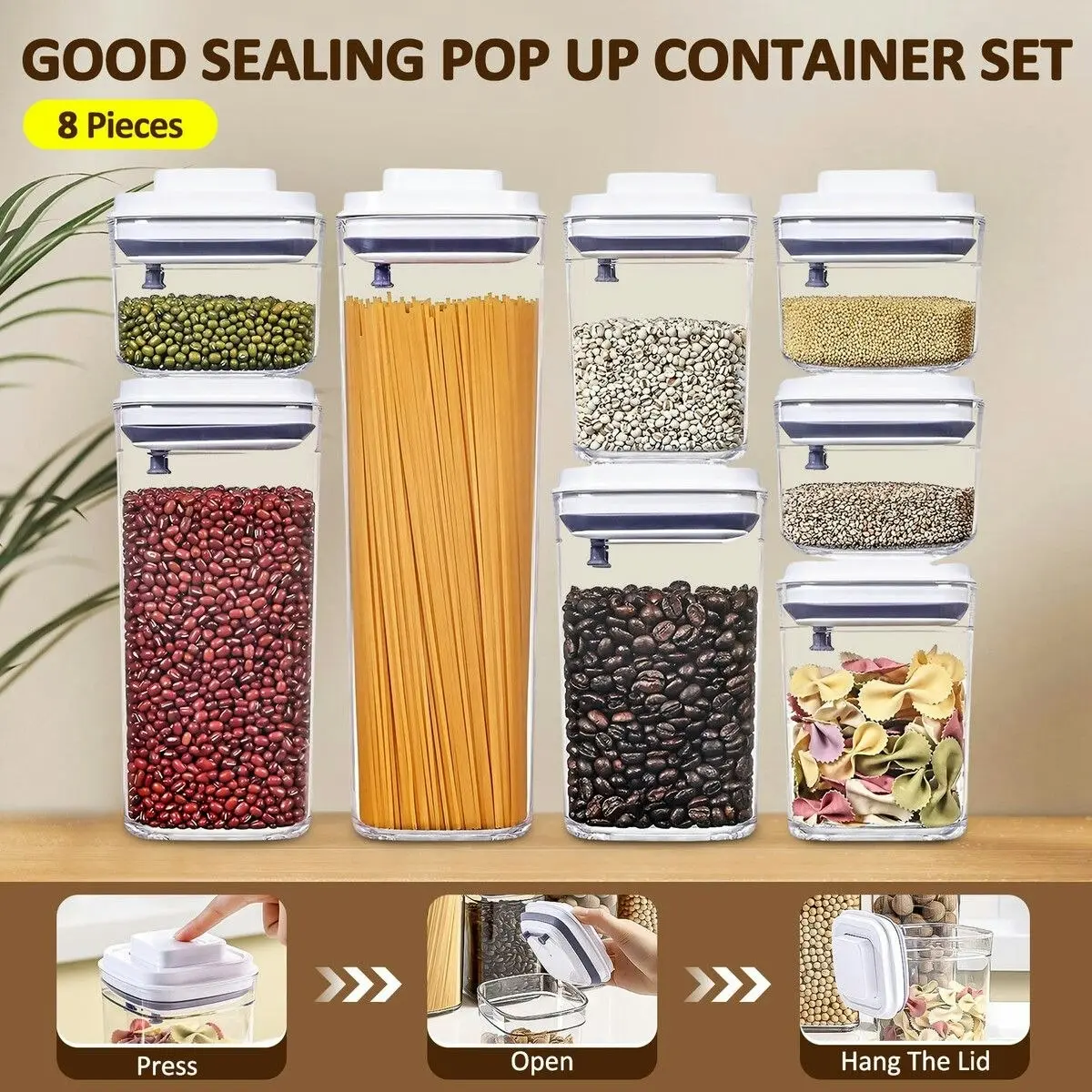 Ausway 8PCS Storage Containers Plastic Pantry Kitchen Airtight Pop Up Clear Food Tea Coffee Cereal Sugar BPA Free Organiser Canisters