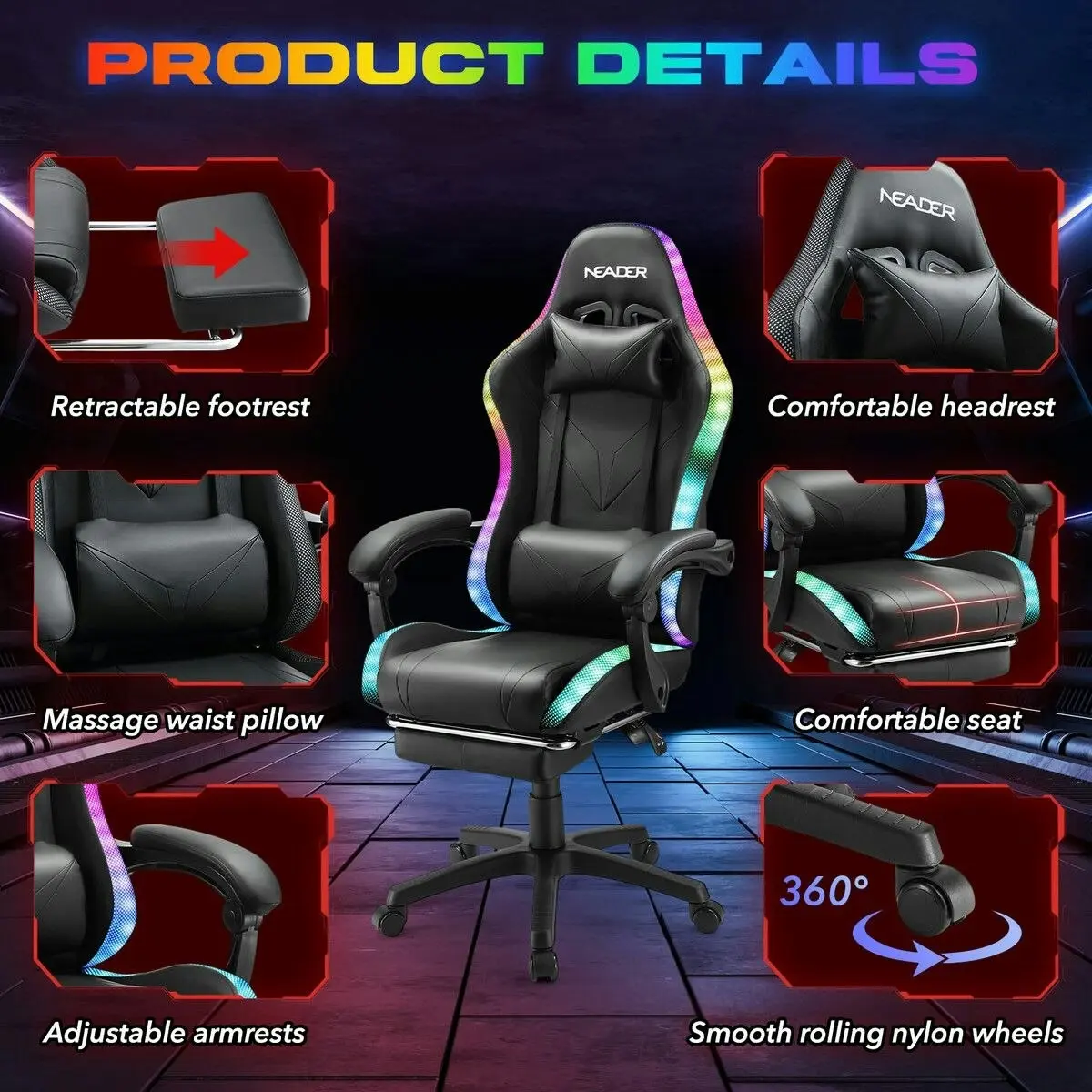 Neader Gaming Office Chair RGB LED Racing Massage PU Computer Seat Bluetooth Speaker Headrest Retractable Footrest Comfortable Armchair Recliner Black