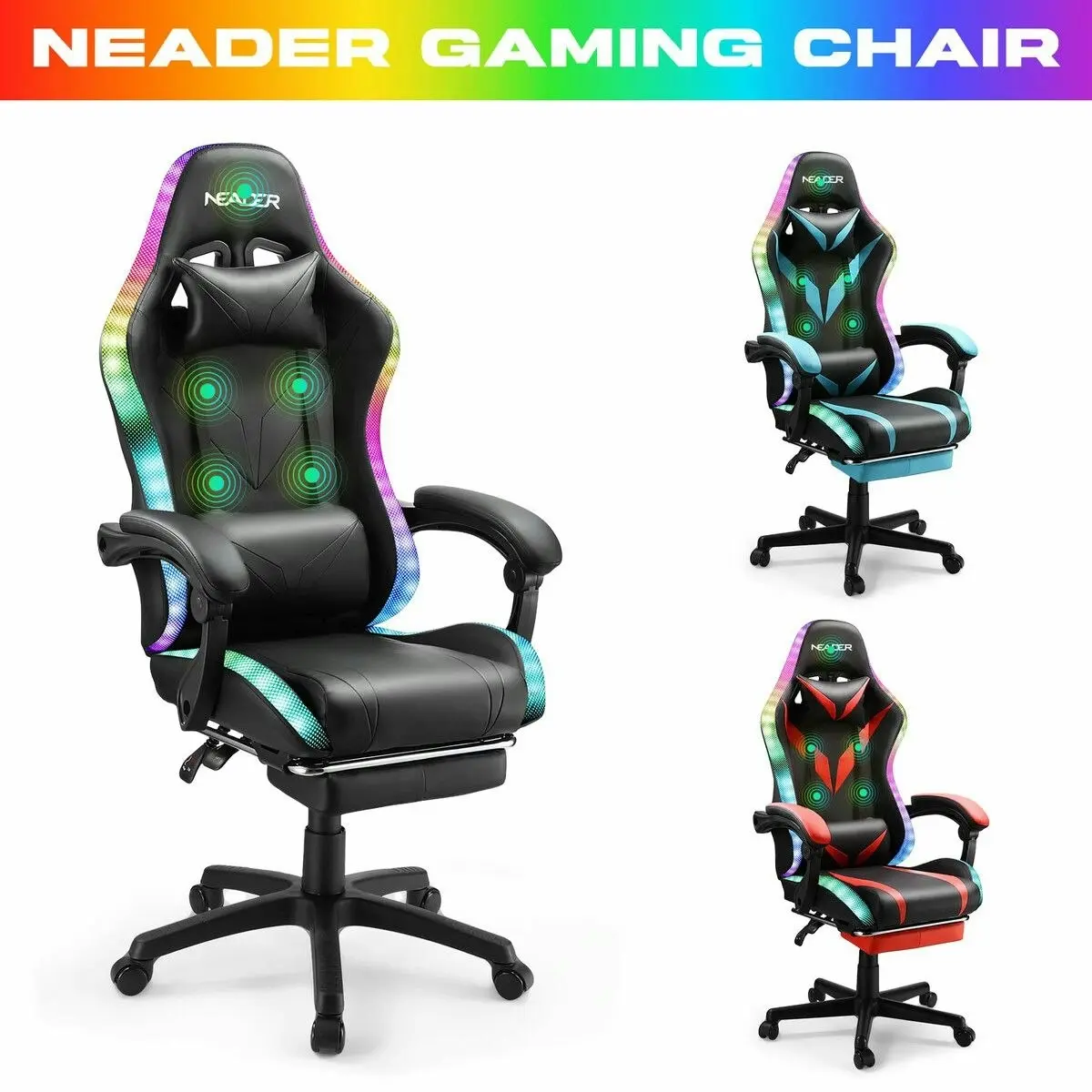 Neader Gaming Office Chair RGB LED Racing Massage PU Computer Seat Bluetooth Speaker Headrest Retractable Footrest Comfortable Armchair Recliner Black