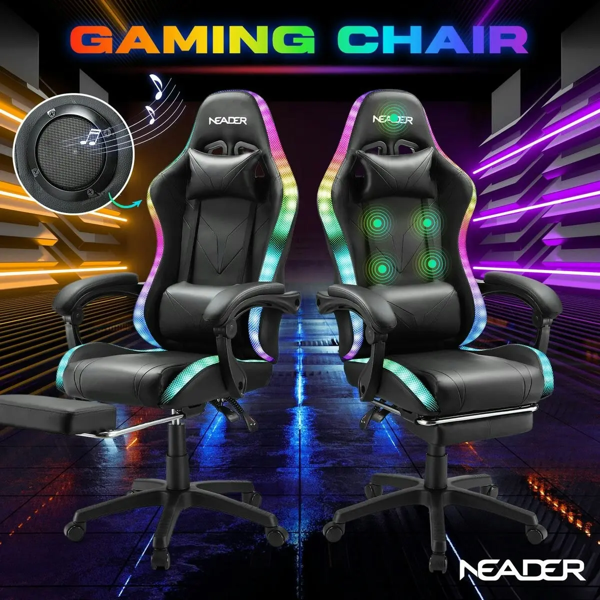 Neader Gaming Office Chair RGB LED Racing Massage PU Computer Seat Bluetooth Speaker Headrest Retractable Footrest Comfortable Armchair Recliner Black