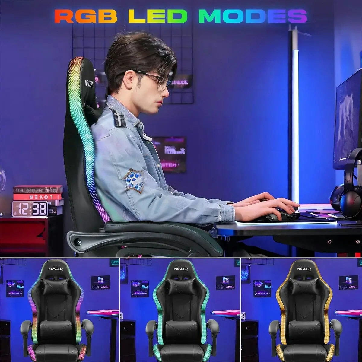 Neader Gaming Office Chair RGB LED Racing Massage PU Computer Seat Bluetooth Speaker Headrest Retractable Footrest Comfortable Armchair Recliner Black