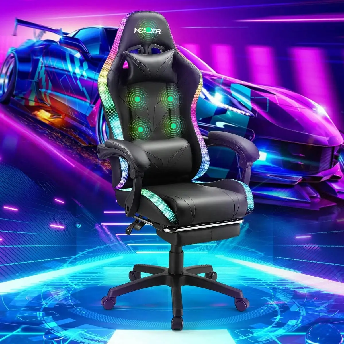 Neader Gaming Office Chair RGB LED Racing Massage PU Computer Seat Bluetooth Speaker Headrest Retractable Footrest Comfortable Armchair Recliner Black