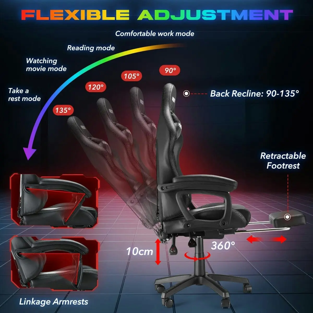 Neader Gaming Office Chair RGB LED Racing Massage PU Computer Seat Bluetooth Speaker Headrest Retractable Footrest Comfortable Armchair Recliner Black