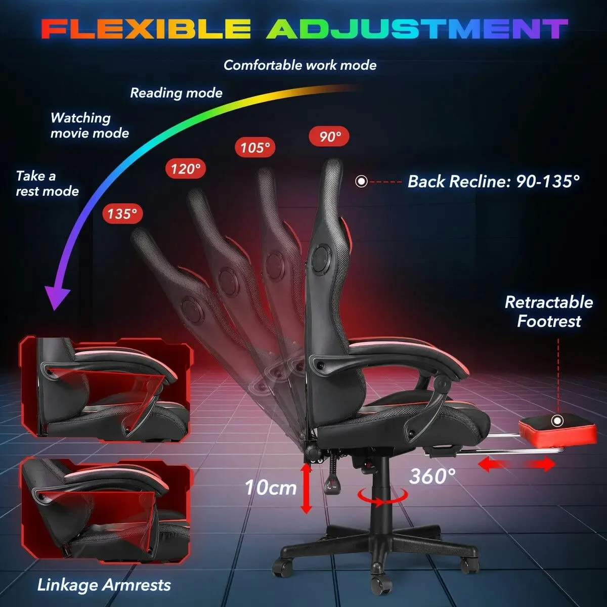 Neader High Back Gaming Chair RGB LED Computer Seat Office Racing Desk Massage Bluetooth Speakers PU Leather Headrest Footrest Work Study Red