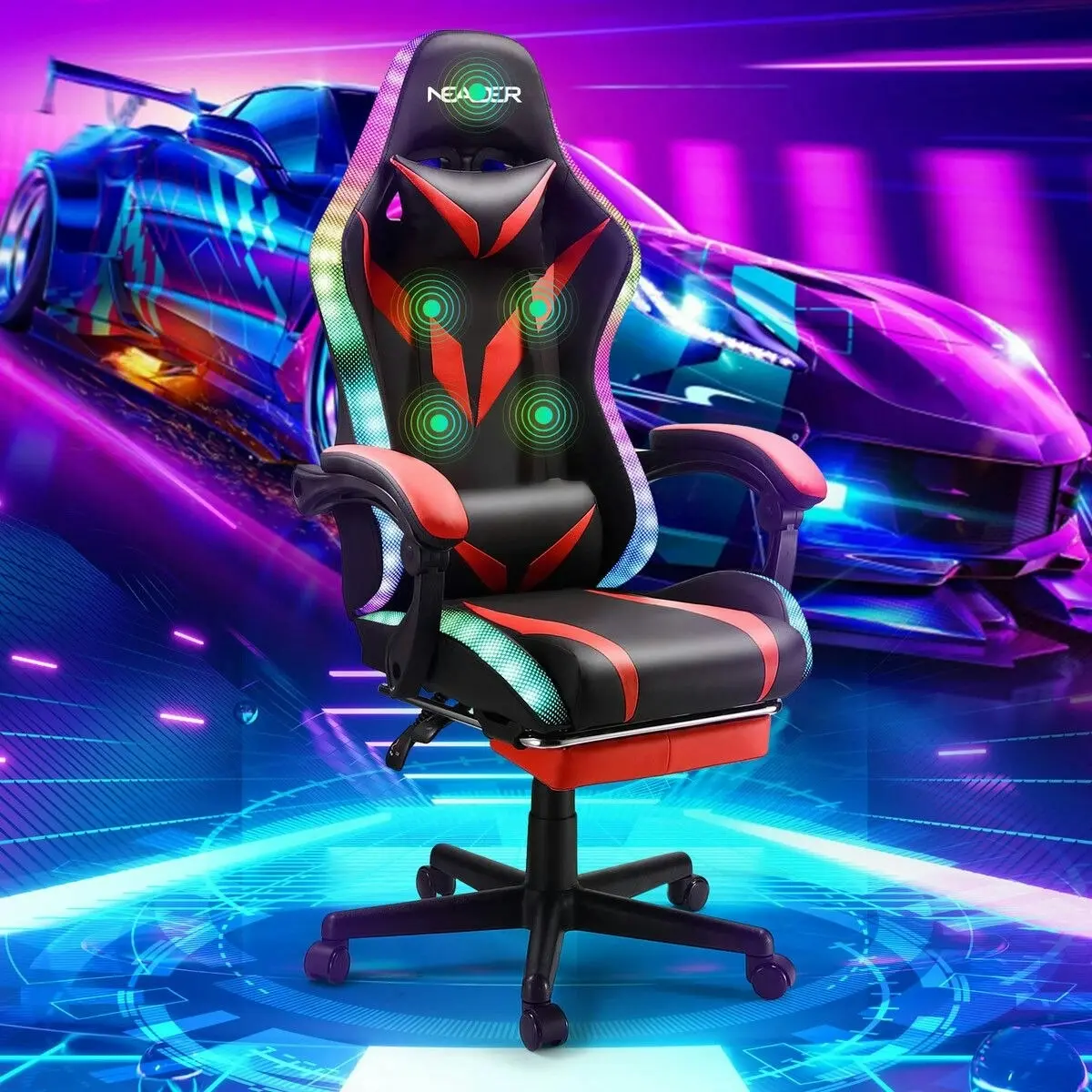 Neader High Back Gaming Chair RGB LED Computer Seat Office Racing Desk Massage Bluetooth Speakers PU Leather Headrest Footrest Work Study Red