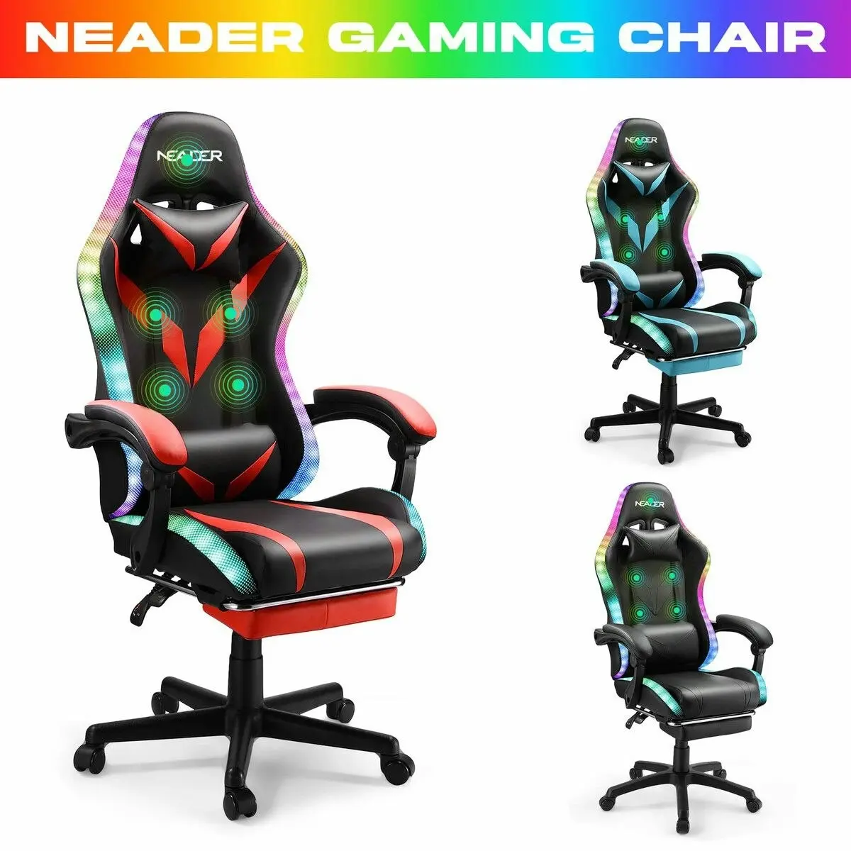 Neader High Back Gaming Chair RGB LED Computer Seat Office Racing Desk Massage Bluetooth Speakers PU Leather Headrest Footrest Work Study Red