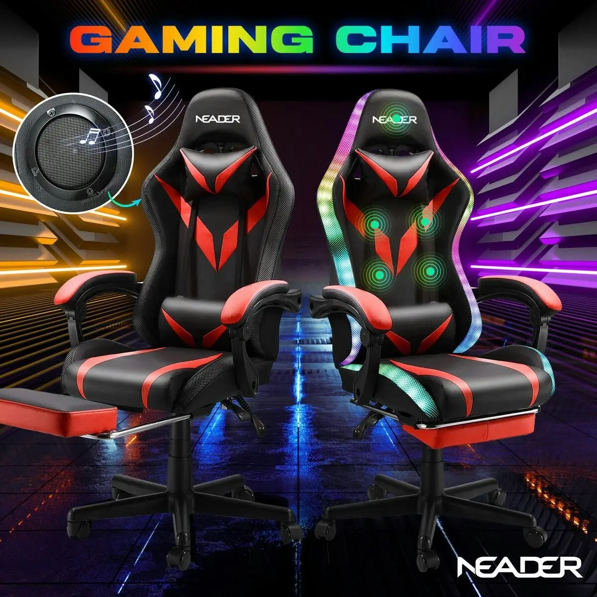 Neader High Back Gaming Chair RGB LED Computer Seat Office Racing Desk Massage Bluetooth Speakers PU Leather Headrest Footrest Work Study Red