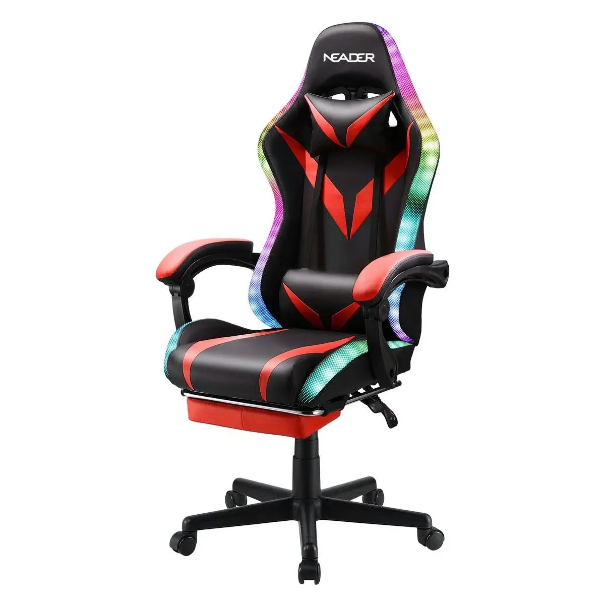 Neader High Back Gaming Chair RGB LED Computer Seat Office Racing Desk Massage Bluetooth Speakers PU Leather Headrest Footrest Work Study Red