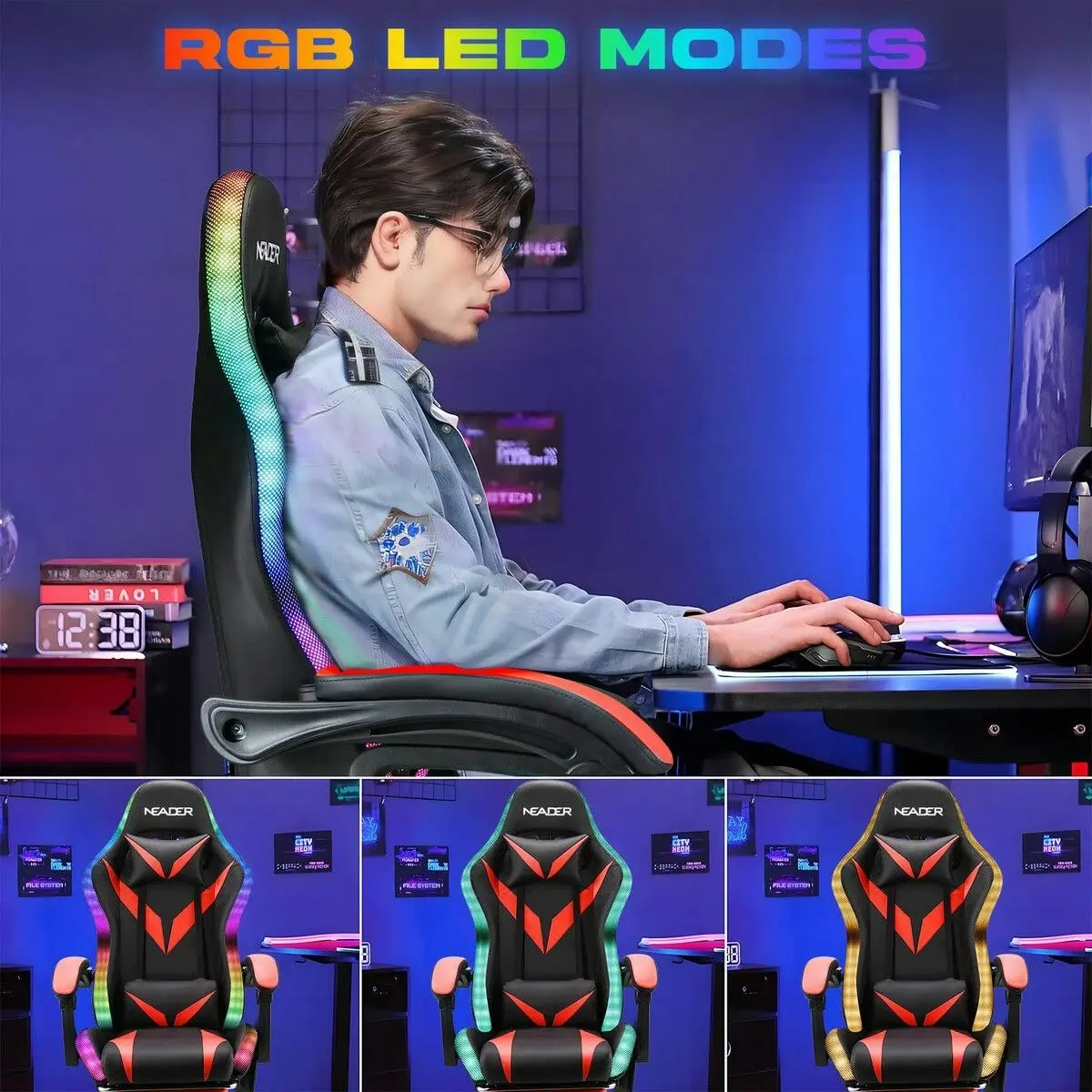 Neader High Back Gaming Chair RGB LED Computer Seat Office Racing Desk Massage Bluetooth Speakers PU Leather Headrest Footrest Work Study Red